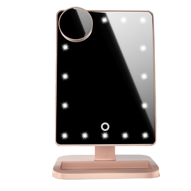 10X magnifying Touch Screen Makeup Mirror With LED Light featuring a sleek design and illuminated surface for makeup application.