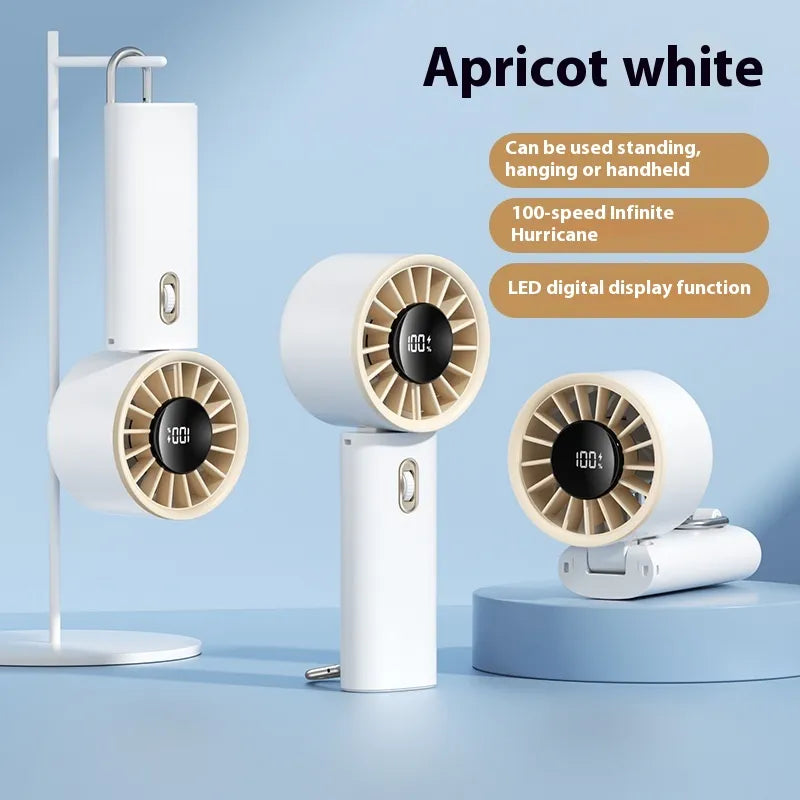 Travel Turbine Fan in apricot white, customizable usage styles, 100-speed settings, and LED display.
