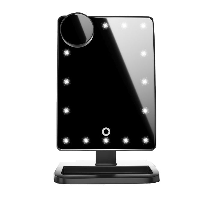 10X magnifying Touch Screen Makeup Mirror With LED Light in sleek black design with LED lights on surface