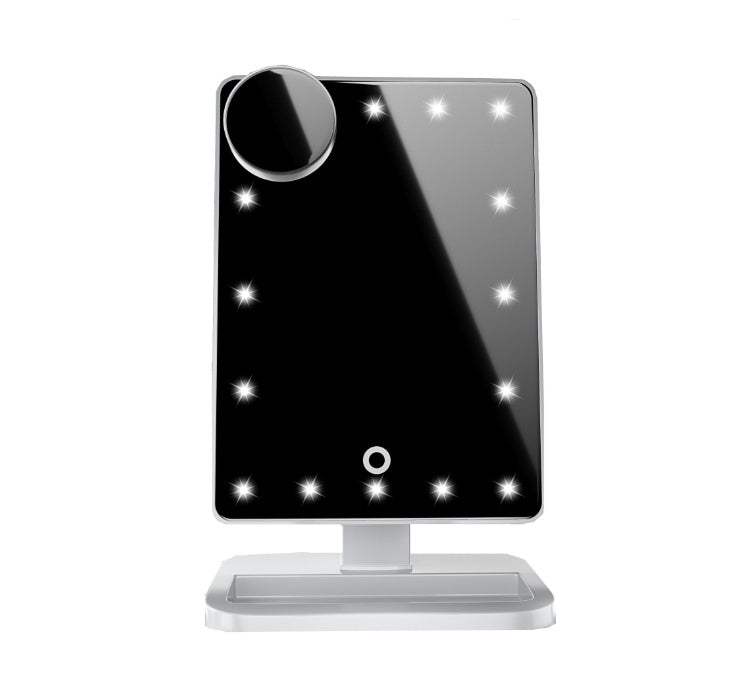 10X magnifying Touch Screen Makeup Mirror With LED Light on a sleek stand with illuminated stars.